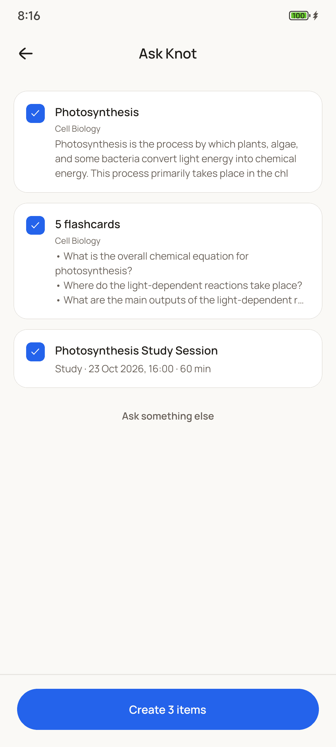Ask Knot's drafts: a note, five flashcards and a study session